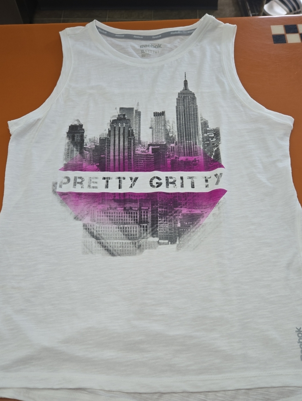 Reebok White Tank Top with Pink and Gray City Graphic